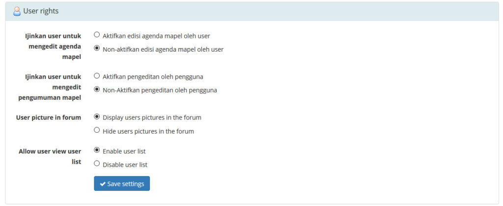 User rights settings