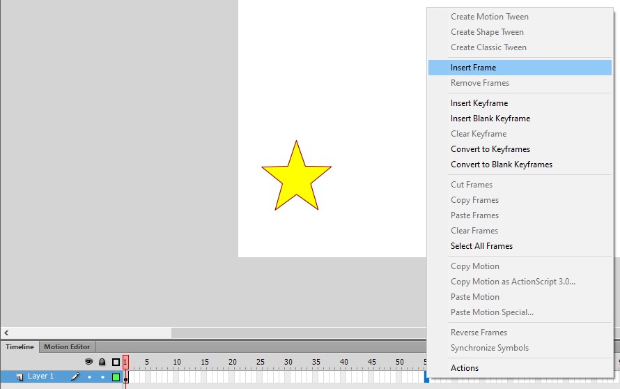 Insert frame pada Timeline Adobe Flash CS6