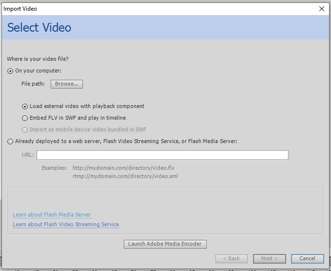 Jendela import video Adobe Flash CS6