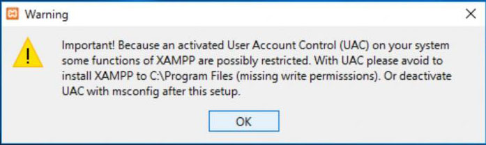 warning uac xampp